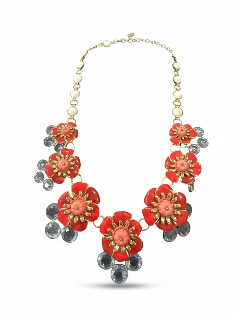🔻Talbots Red Enamel Floral Statement Necklace with Crystal Drops